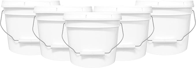 2-Gallon Bucket with Airtight Lid – Made in USA, Food Grade BPA Free Plastic, Heavy Duty Multi-Use, Metal Handle with Grip, Stackable Storage – White, 5 Pack