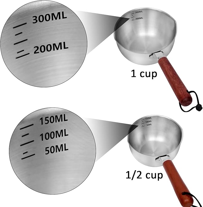 Kichwit Dog Food Scoop Pet Food Scoop 304 Stainless Steel Measuring Cup with Wood Handle, 1 Cup and 1/2 Cup, Pack of 2