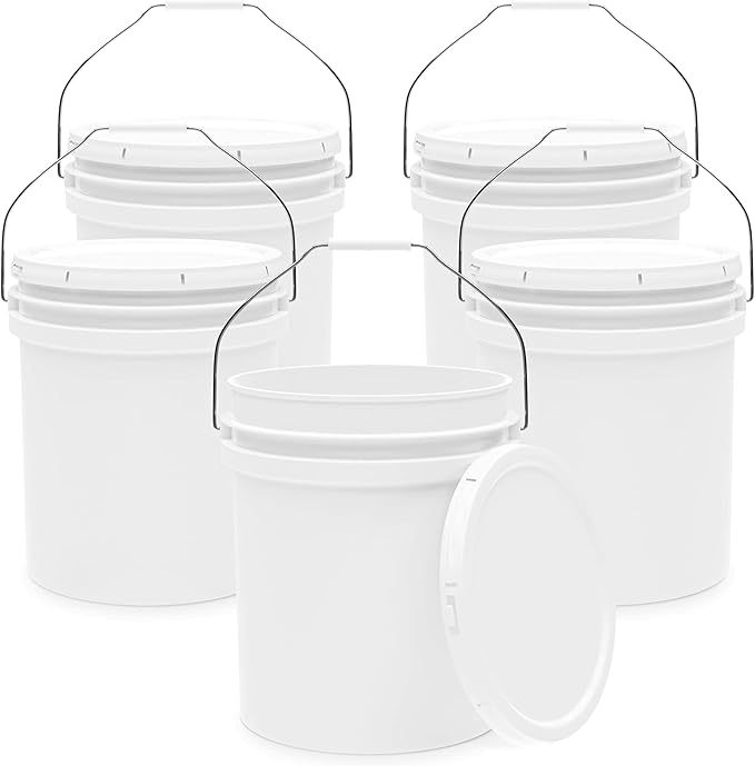 EconoHome 5-Gallon White Bucket Pail Container with Lid Metal Handles with Plastic Grip for Easy Carrying Easy Stack and Store Heavy-Duty Extra Durable Food Grade BPA Free - 5 Pack