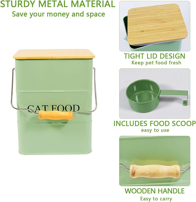 Morezi Cat Food Storage Container Storage bin with Wooden lid Scoop Included Green Metal cat Food Container in Kitchen countertop