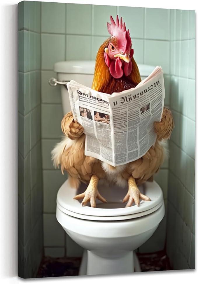 AWPANERAR Rooster Bathroom Wall Art Funny Chicken on Toilet Painting Rustic Farmhouse Animals Reading Newspaper Picture for Restroom Decor Framed (36L x 24W)