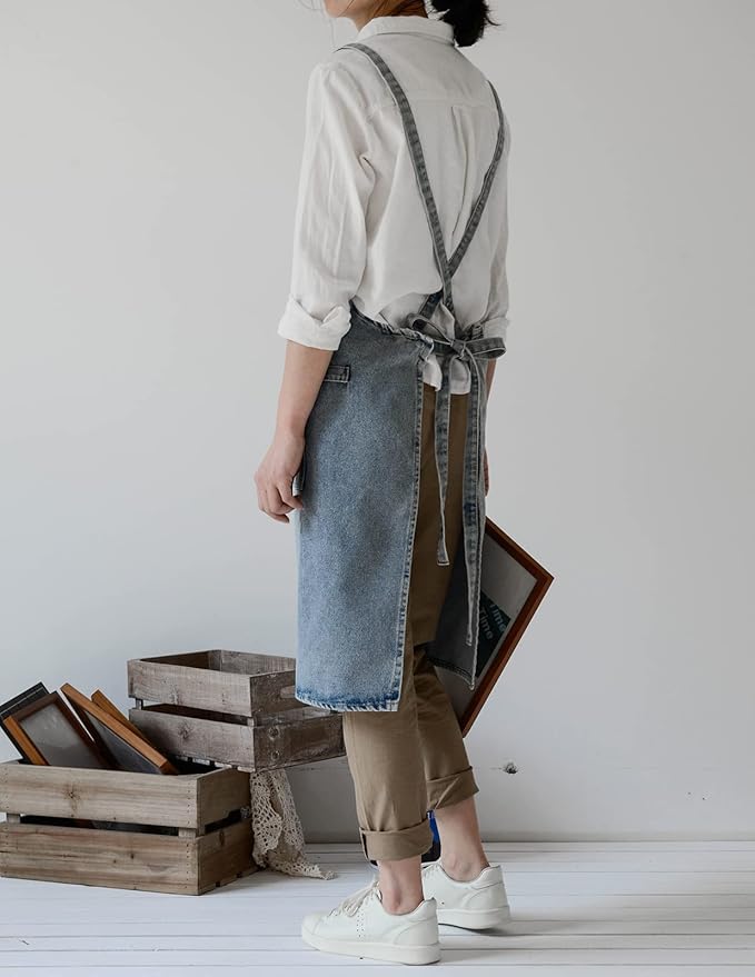 Cotton Denim Apron Soft - Unisex Adjustable Bib Apron with 5-Pockets Perfect for Kitchens