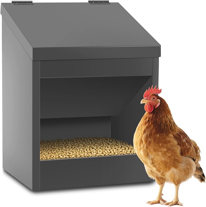 Metal Chicken Feeder,Automatic Chicken Grit and Oyster Shell Feeder Hanging or Ground Food Dispenser with Lid Coop Accessories Outside Suitable for Chickens Ducks Quails