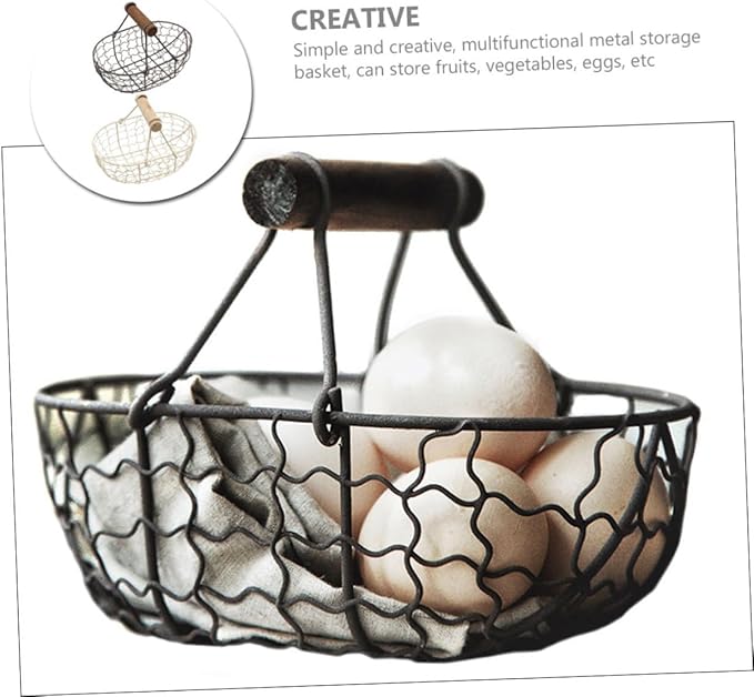 2pcs Retro Style Storage Basket Wooden Handle for Fruit Eggs and Snacks Compact Design for Organization Gray-Black and Colors