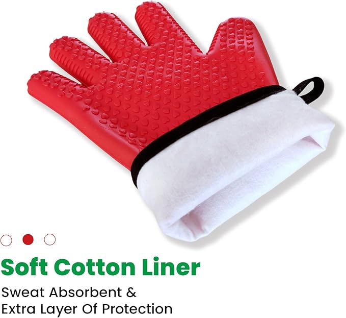 Silicone BBQ Cooking Gloves with Meat Smoker Guide，Heat Resistant Oven Mitts with Fingers，Long Protective Cotton Lined Barbecue Grilling Gloves 1 Pair for Kitchen, Cooking, and Baking Gifts (Red)