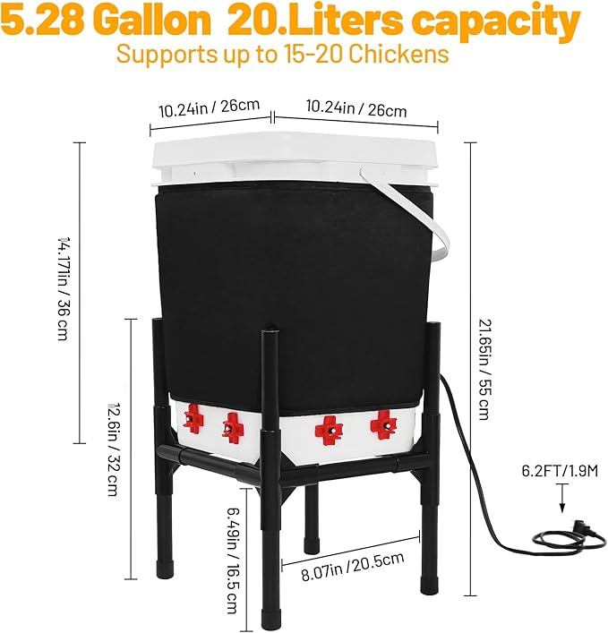 Heated Chicken Waterer 5 Gallon with Stand – 20L Chicken Heated Poultry Waterer, 8 Freeze-Proof Nipples with 4 Extras, Chicken Water Heater for Winter, Easy Clean Anti-Tip Design