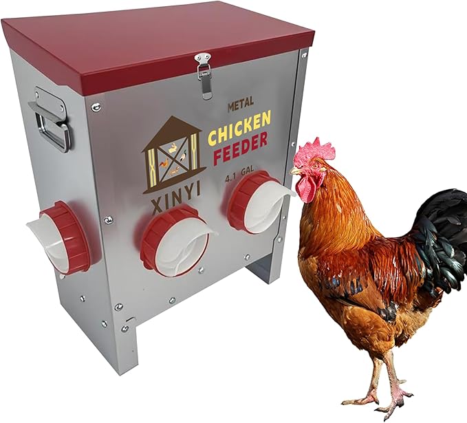 25lbs Metal Chicken Feeder, 4 Ports Galvanized Feeder, Goat Proof Auto Chicken Feeder, Weatherproof Chicken Food Dispenser System for Outdoor Coop,4.1 Gallon