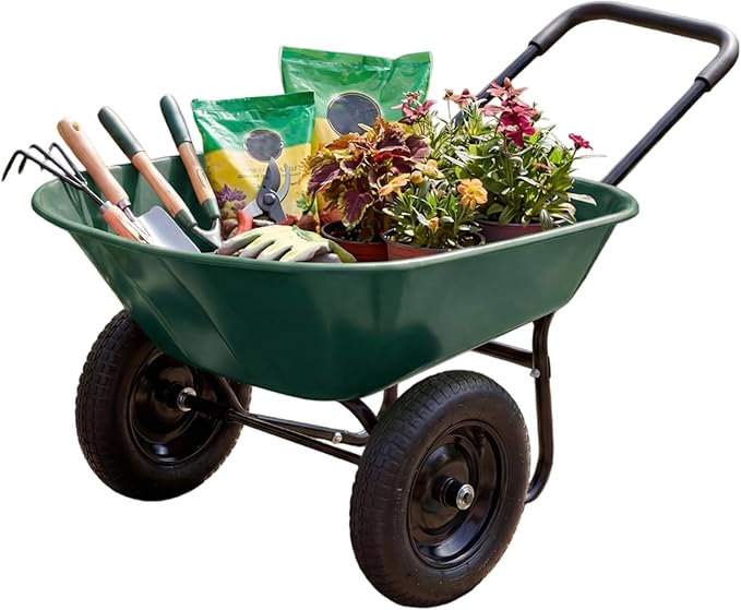 IRONMAX Dual-Wheel Wheelbarrow, Heavy Duty Wheel Barrel with All-Terrain Wheels, 330 LBS Utility Yard Cart with Built-in Stand, Outdoor Gardening Carts for Lawn, Farm, Planting (Dark Green)