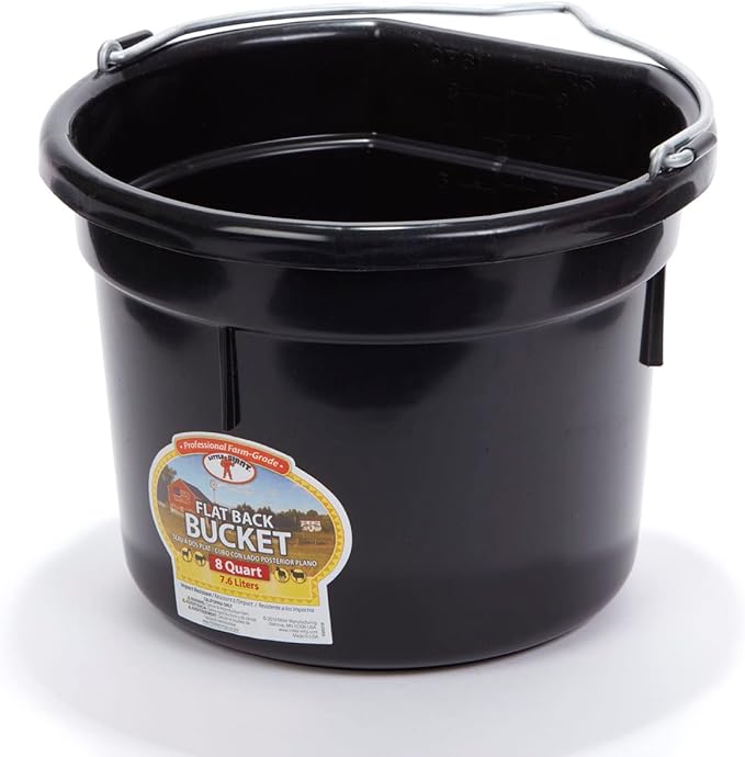 Little Giant® Flat Back Plastic Animal Feed Bucket | Animal Feed Bucket with Metal Handle | Horse Stall Feeding and Watering Supplies (Black, 8 Quart)