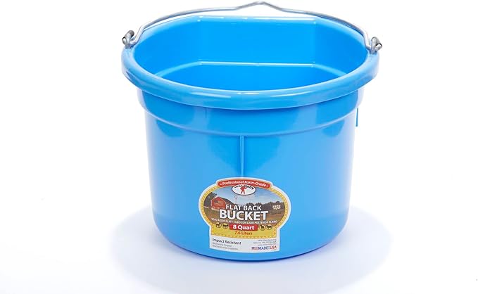 Little Giant® Flat Back Plastic Animal Feed Bucket | Animal Feed Bucket with Metal Handle | Horse Stall Feeding and Watering Supplies (Berry Blue, 8 Quart)
