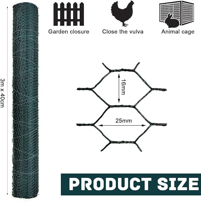 Garden Poultry Green Chicken Wire PVC Coated Hexagonal Wire Mesh Roll Animal Fence 3m x 400mm Garden Netting Fencing for Pet Rabbit Chicken with Gloves & 50Pcs Cable Ties