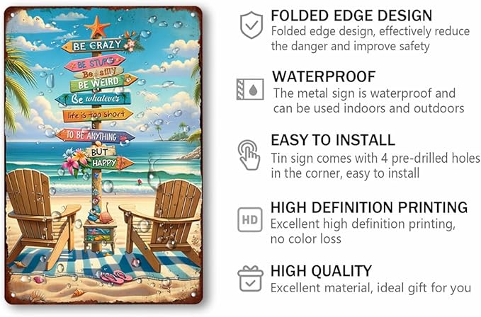 Generic Beach Surfing Vintage Signs Life Is Too Short to Be Anything but Happy Metal Tin Sign for Cafe Home Bar Beach Farmhouse Porch Art Wall Decoration 8x12 Inch