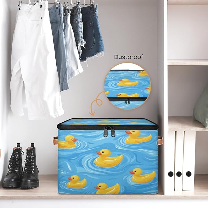 Cartoon Duck Storage Bins with Zipper Lid, Rubber Duck Lidded Storage Baskets Boxes Foldable Organizer with Leather Handles for Clothes Closet Shelf