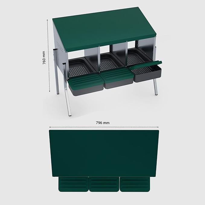 Hatching Time EggHouse Galvanized 3 Bay Nesting Box with Triple Roll Away Egg Collection Trays and Metal Legs, Freestanding Chicken Coop Hen Laying System for Farm Flocks, Up to 30 Hens