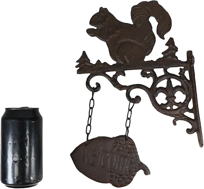 Ebros Gift Cast Iron Rustic Scroll Art Vintage Western Country Farmhouse Cottage Squirrel With Welcome Sign Acorn Fleur De Lis Wall Bracket Indoor Or Outdoor Farm Ranch Accent