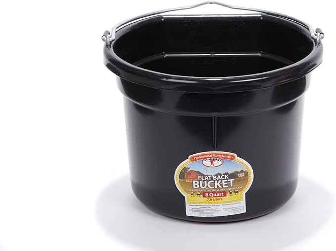 Little Giant® Flat Back Plastic Animal Feed Bucket | Animal Feed Bucket with Metal Handle | Horse Stall Feeding and Watering Supplies (Black, 8 Quart)