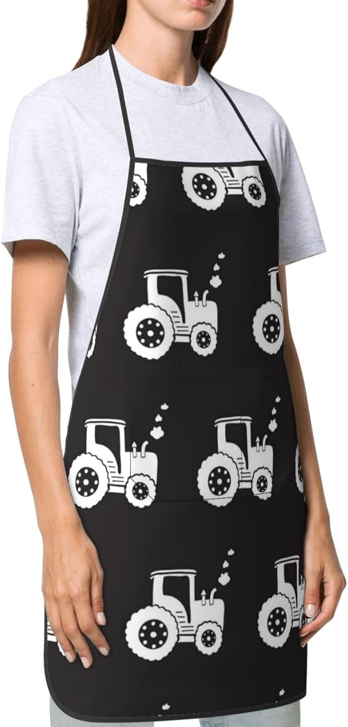 Apron for Women And Men, Waterproof Adjustable with Pocket Washable Cooking Apron, Chef Grilling BBQ Baking Crafting, Personalized Tractors White Black