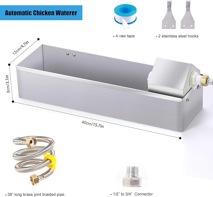 Automatic Chicken Waterer Dispenser 1 Gallon Large Stainless Metal Poultry Waterer Feeder Hanging Chicken Watering System with Float Valve Hose Kit for Pigeon Duck Goose Turkeys for Chicken Coop