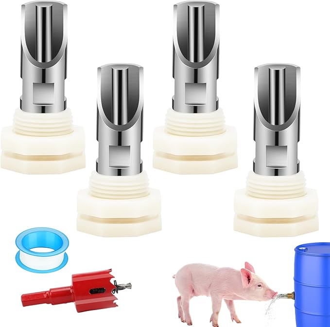 4PCS Pig Nipple Water Drinker for Barrel Kit, Stainless Steel Pig Waterer Nipple with Water Tank Connector Kit, Automatic Pigs Drinker Feeder Hog Waterer for Pig Goats Swine Piglets Drinking
