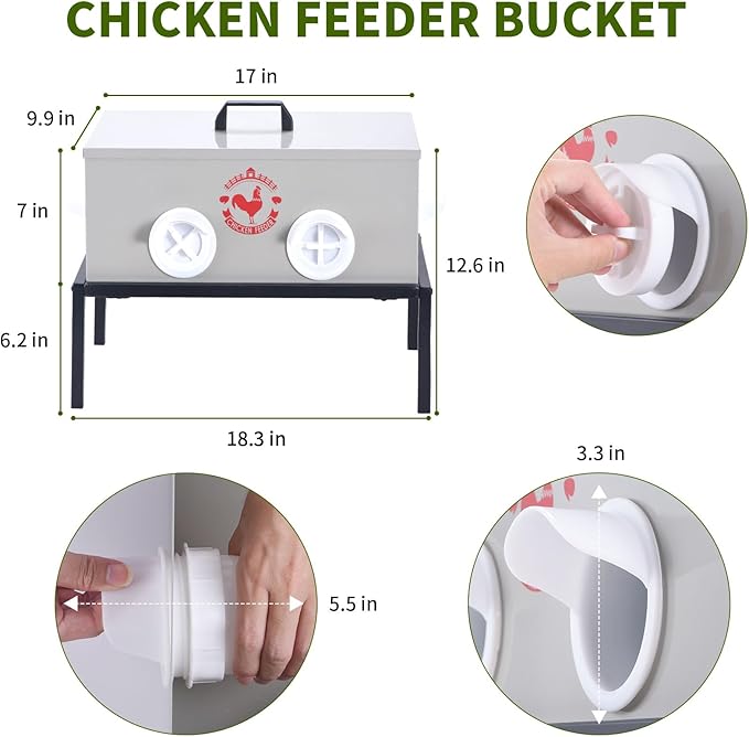 SARUFO Chicken Feeder 25lb 6-Port All-Weather Metal Poultry Feeder with Plugs, Wind and Rainproof, Suitable for Stove with Stand Inside or Outside
