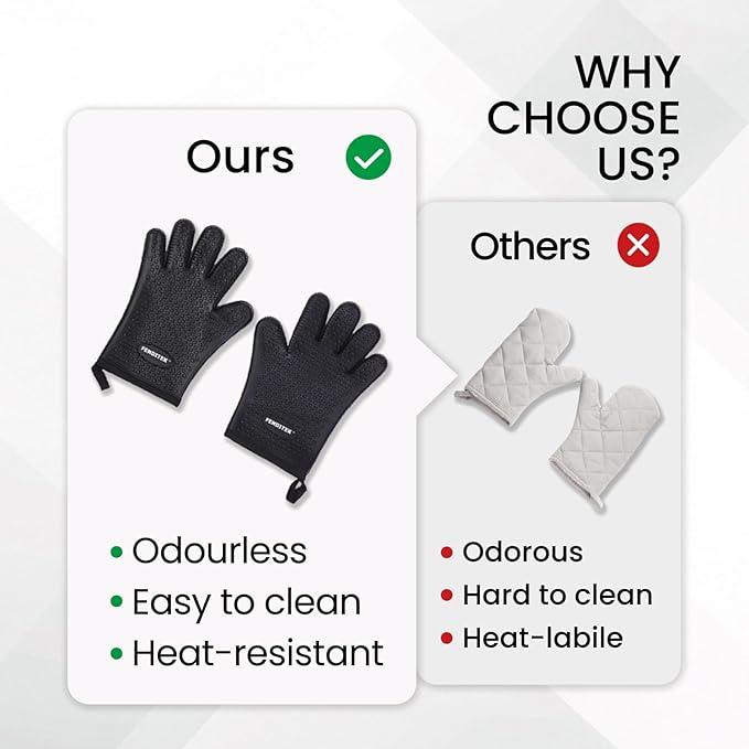 Silicone BBQ Cooking Gloves with Meat Smoker Guide，Heat Resistant Oven Mitts with Fingers，Long Protective Cotton Lined Barbecue Grilling Gloves 1 Pair for Kitchen, Cooking, and Baking Gifts (Black)