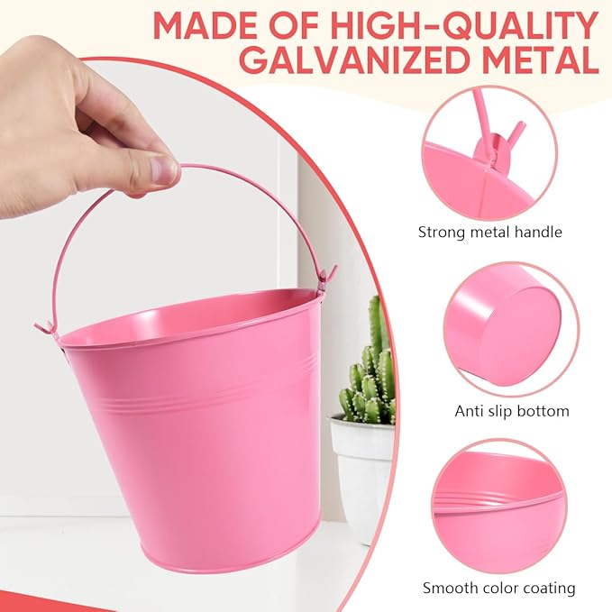 OBTANIM 7 Pack Pink Metal Buckets with Handle Galvanized Ice Pails for Plants, Succulents, Party Favors Organizing, Rustic Home Decor or Classrooms Pencil Storage (6 x 4.4 inch)