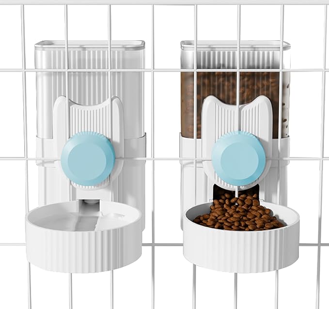 Hanging Cage Automatic Small Pet Food Bowl Water Bottle Dispenser, 1L Auto Gravity Pet Feeder and Waterer Set Kennel Feeding Station Crate Feeder Dish for Rabbit Puppy Cats Ferret (Blue)