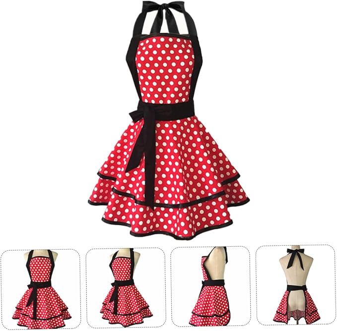 Cotton Dot Pattern Double-layer Apron for Women Lace-up Neck Strap Kitchen Cooking and Cleaning Work Apron for Home Hotel Use Soft