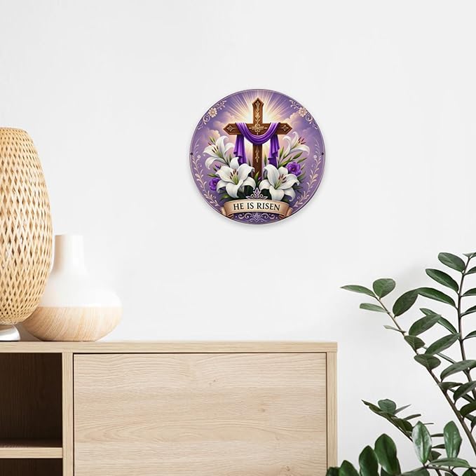 He is Risen Metal Sign for Front Door Decor Religious Cross Easter Hanging Door Decorations, Farmhouse Flower He is Risen Roundr Sign Hanger for Home Spring Wall Indoor Outdoor Decorations