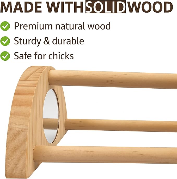Chick Perch with Mirror – Sturdy Wooden Roosting Bar for Coop & Brooder, Training Perch for Chicks, Easy to Assemble & Clean, Fun Activity Toy for Poultry