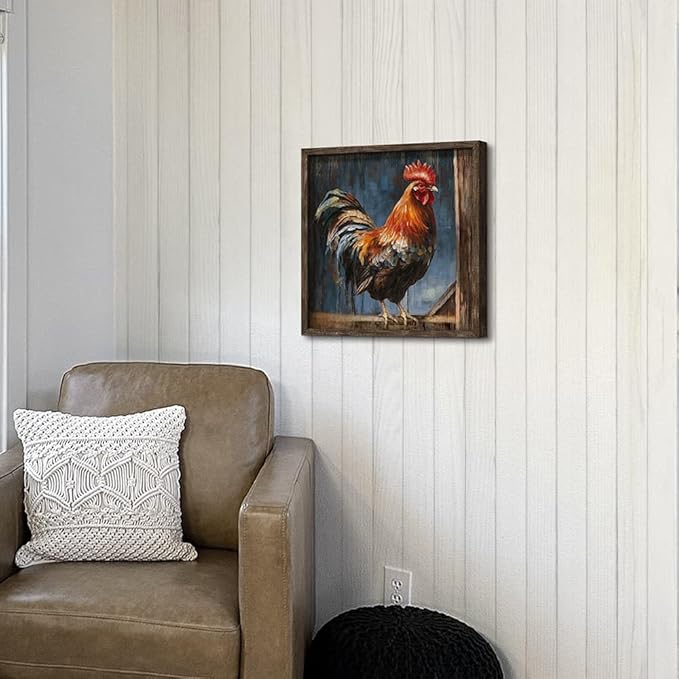 Rooster Wooden Wall Art Decor: Farm Animal Picture Country Cock Framed Artwork Farmhouse Chicken Painting is the Perfect Combination of Energy Nature for the Kitchen Country House Bedroom 16"x16"