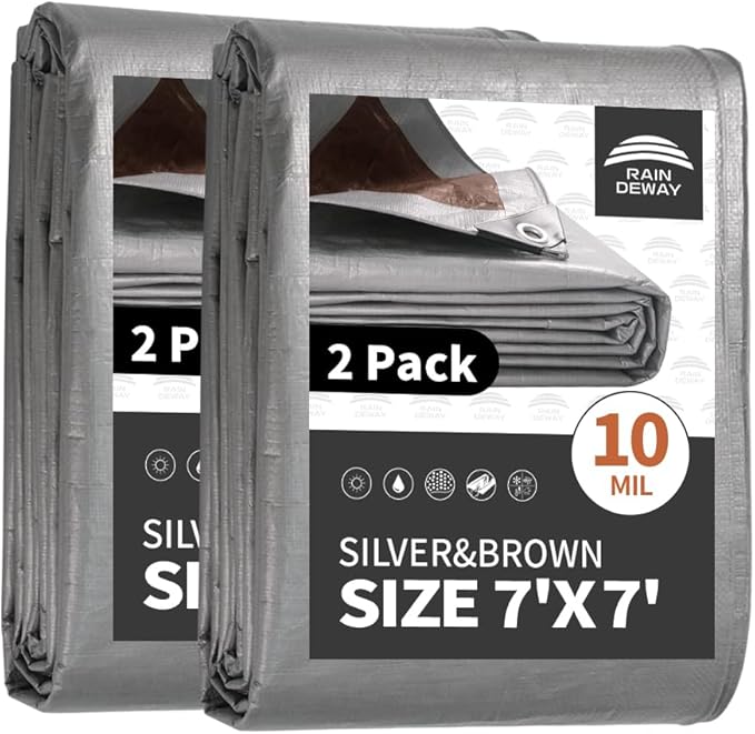 RAINDEWAY Tarps Heavy Duty Waterproof 7x7 Feet(2 Pack),10Mil Thick Multipurpose Poly Tarp Cover with Metal Grommets and Reinforced Edges,Silver/Brown Tarp