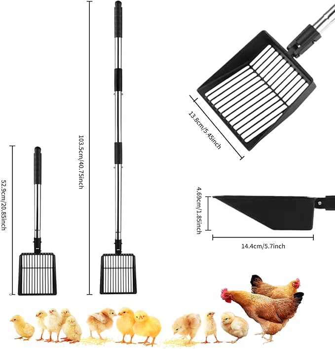 Chicken Poop Scooper Tool - Chicken Coop Cleaning Extendable & Detachable 3-in-1for Chicken Poop, and Wood Shavings | Ideal for Poultry | Perfect for Backyard Chicken Keepers and Farm Use (Black)