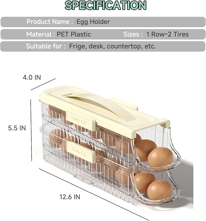 Egg Holder for Fridge Automatic Rolling, Egg Storager Container Organizer Dispenser for Refrigerator Stackable Removable Inner Tray, Egg Accessories (Clear, 1 Row-2 Tiers)