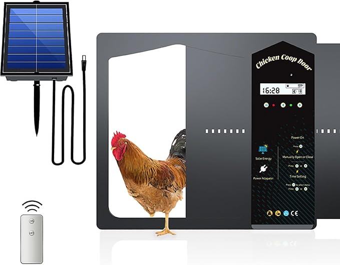 NEONMAN Automatic Chicken Coop Door Solar Powered, Automatic Chicken Cage, Large Programmable LCD Screen 3 Power Modes Safety Anti-Pinch, Suitable for Poultry