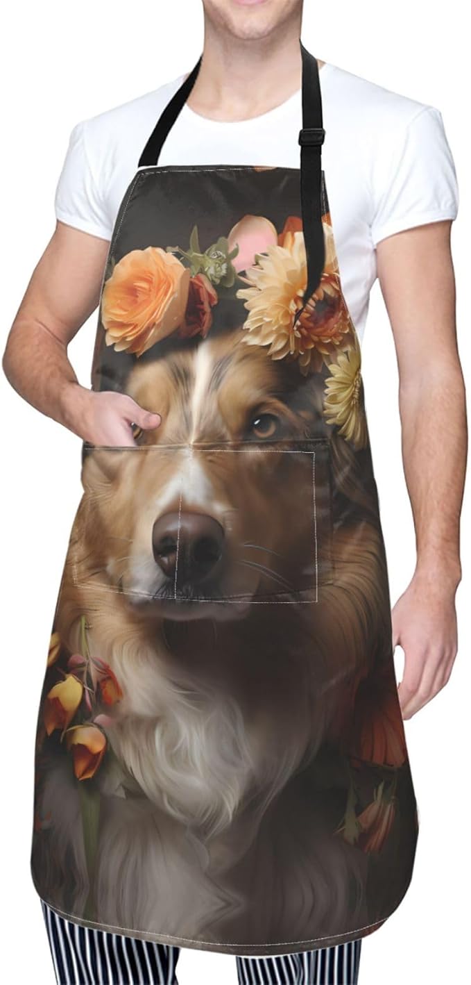 Dogs and Roses Heavy Duty Waterproof Apron with Pockets for AdultsResistant Grilling, Gardening, Painting