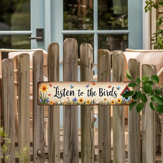 Listen to the Birds Metal Tin Sign Farmhouse Wall Decor with Floral & Butterfly Design Rustic Wall Art for Kitchen Living Room Bedroom Porch Garden 4x16 Inch