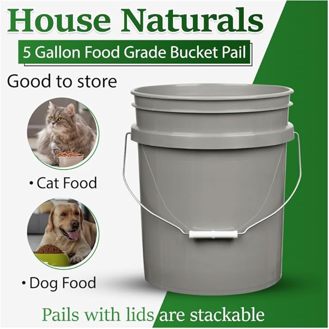 House Naturals 5 Gallon Food Grade Made in USA Plastic Bucket with Screw On Air Tight Double Gasket lid, (Pack of 3) (Gray Buckets-Yellow Lids)