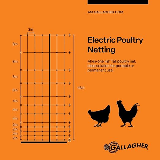 Gallagher 48" x 164' Electric Poultry Netting | Chicken Fence Repels Predators, 9 Mixed Metal Strands for 48x More Conductivity and Consistent Voltage, Sturdy Wire Fencing Keeps Poultry Safe