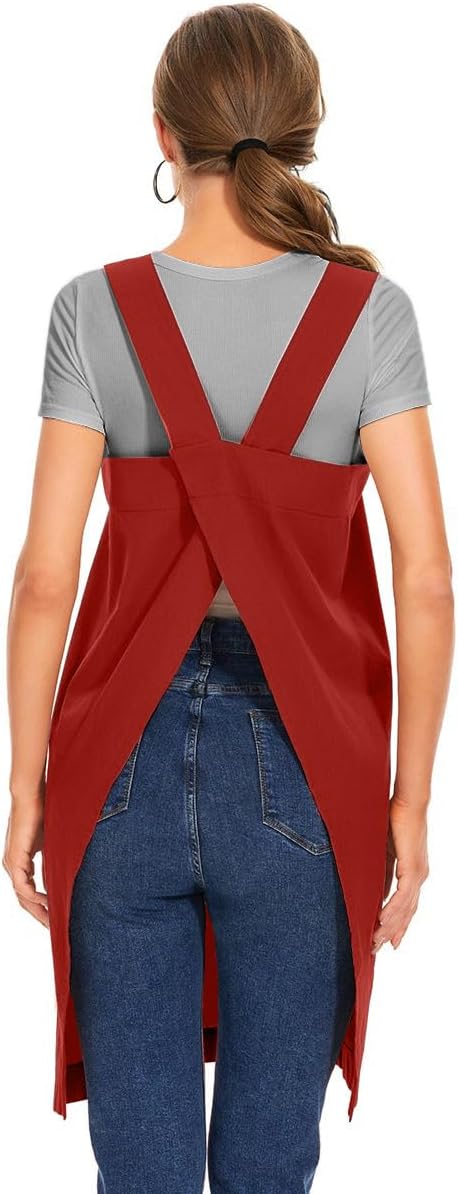 Larmliss Women's Cotton Cross Back Apron Pinafore Dress with Big Pockets Loose Square Apron for Baking Cooking Gardening