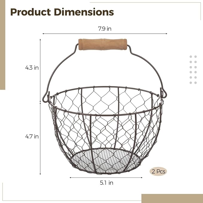 Farmhouse Style Chicken Egg Baskets, 2 Pcs, Metal Egg Holders with Wooden Handle, Stackable Storage for Fruits, Vegetables, and Sundries