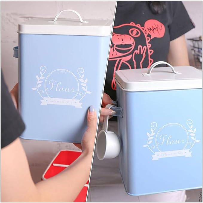 Rice Storage Container Iron Grain Box with Lid, Blue Metal Kitchen Organizer for Rice, Bread, Snacks – Food Storage Bin for Pantry and Home Use,