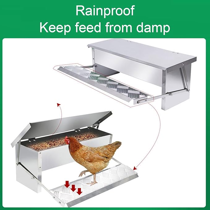 Automatic Chicken Feeder, Large Metal Poultry Feeder with Chicken Feeders No Waste Auto Food Dispenser for Chickens Capacity Coop Accessories Food for Laying Hens