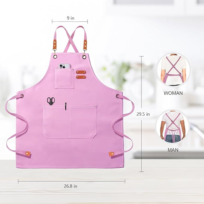 Chef Apron for Men Women Canvas Aprons with 3 Pockets Cross Back Resistant Work Apron for Cooking
