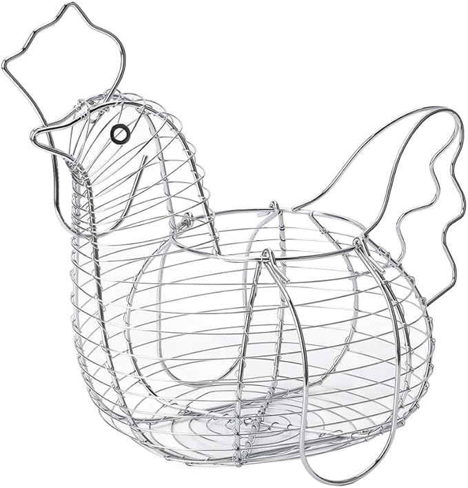 Chicken Egg Basket,Chicken Hen Shaped Wire Egg Storage Basket Holder Rack,Wire Egg Collecting Basket with Handle,Metal Table Top Snacks Organizer Kitchen Gadget (As Shown)