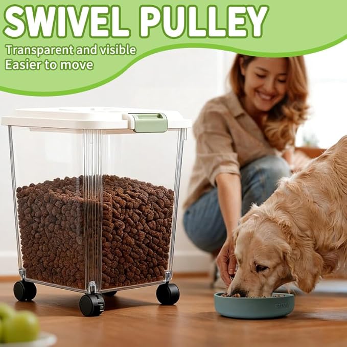 RPZ Large Capacity Pet Food Storage Container with Wheels, Airtight Dog Cat Food Storage Bin for Kitchen Pantry, 10-55 lbs Bulk Dry Food Storage with Built-in Scoop & Locking Lid-25kg
