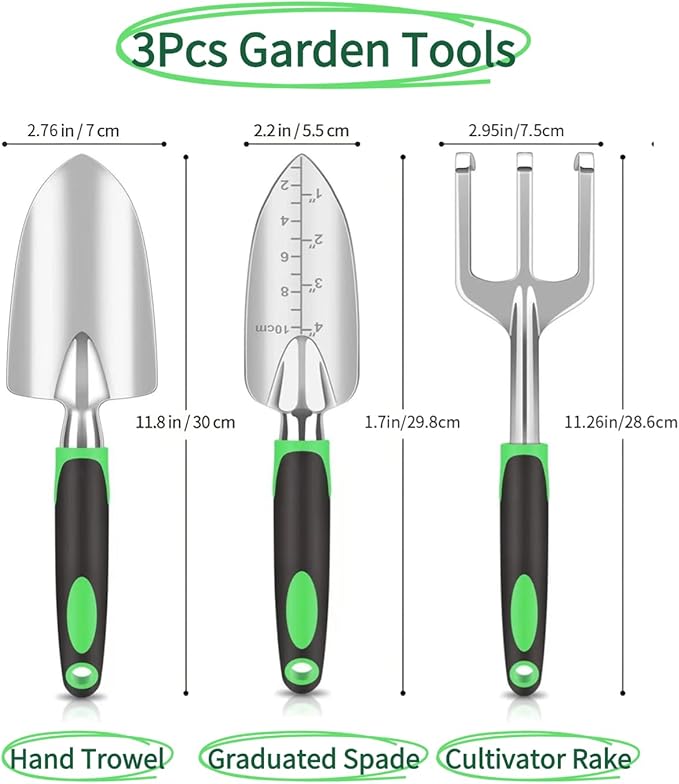 Garden Tools, Heavy Duty Cast-Aluminum Garden Tool Set with Hand Trowel, Transplant Trowel, Cultivator Rake, Soft Rubber Ergonomic Non-Slip Handle, Gardening for Home Gardeners (Basic Set (3 PCS))