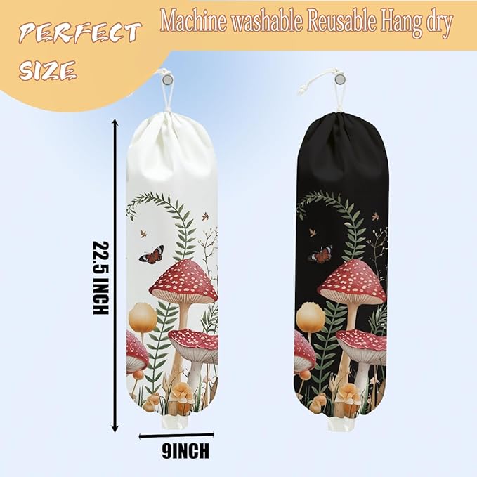 2PCS Mushroom Plastic Bag Holder, Wall Mount Grocery Bag Holder for Plastic Storage bag, Storage Organizer Reusable Grocery Bags, Pull Rope Free Adjustment, Butterfly Gifts for Women Mom Sister