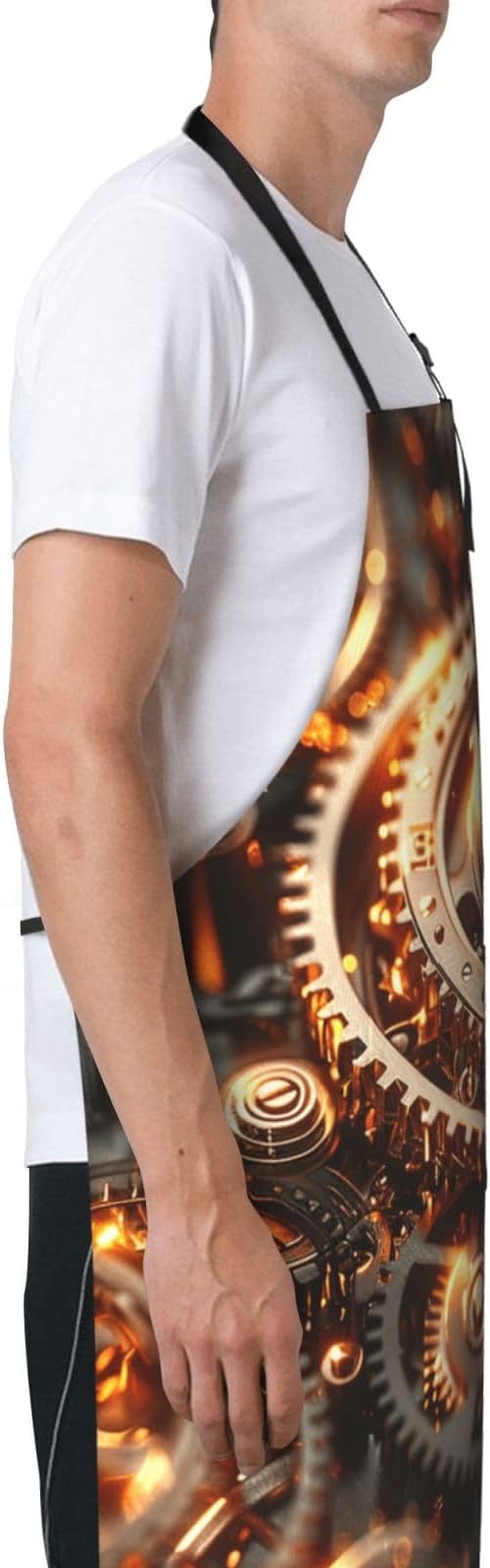 Kitchen Aprons for Men Women Waterproof Apron with 2 Pockets Cool Steampunk Gears Apron Adjustable Bib Aprons