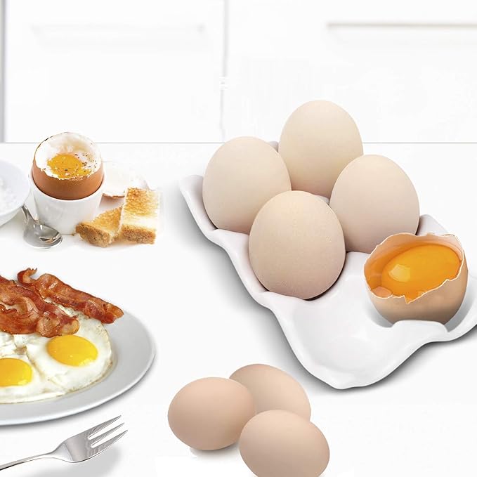 Flexzion Ceramic Egg Holder for Fridge - 6 Cups Egg Tray Half Dozen Porcelain Container Keeper Storage Organizer Decorative Serving Dish Serveware for Refrigerator Countertop Display Kitchen (White)